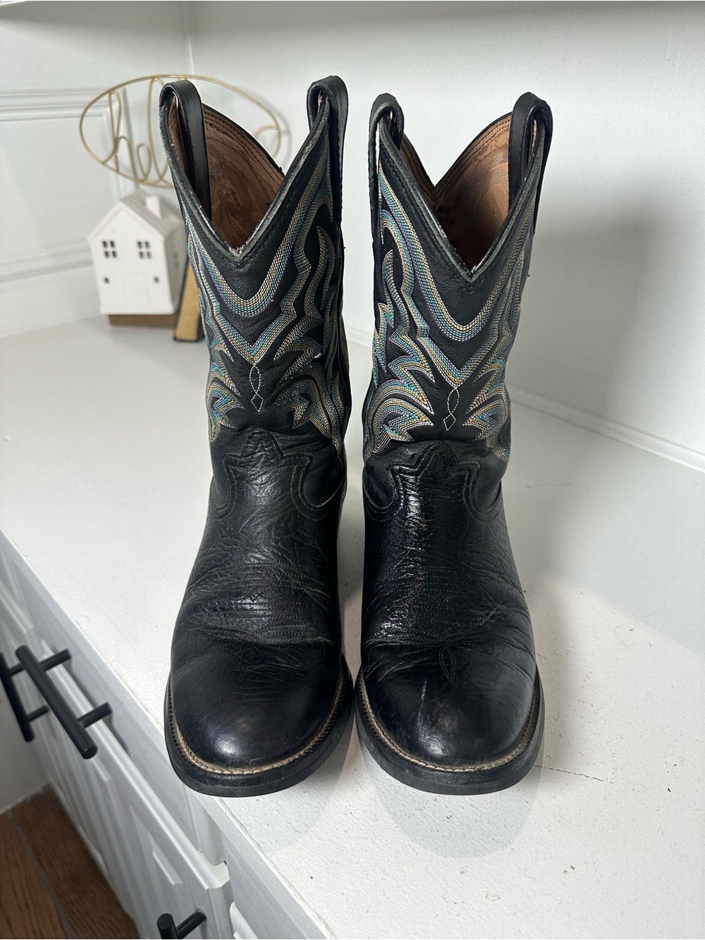 Tony Lama Cowboy Boots Womens 10 Mens 8.5 Black Leather Western Boots USA - Picture 2 of 9